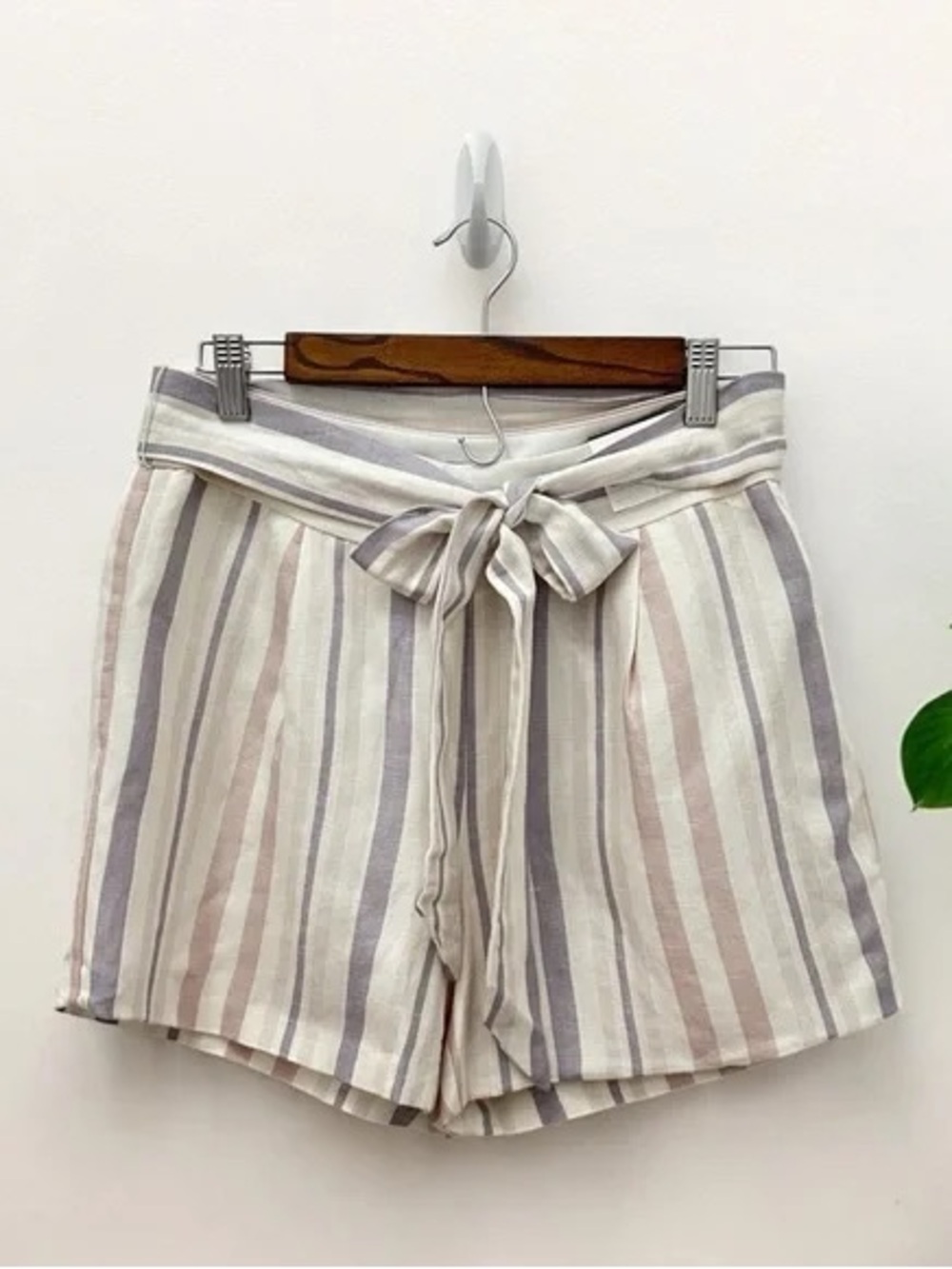 Express High-Waist Tie-Belt Striped Shorts - Cream, Gray, Tan